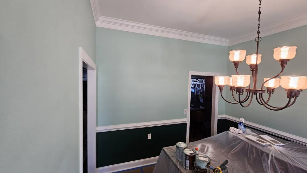 Two-tone sage and hunter green dining room repaint
